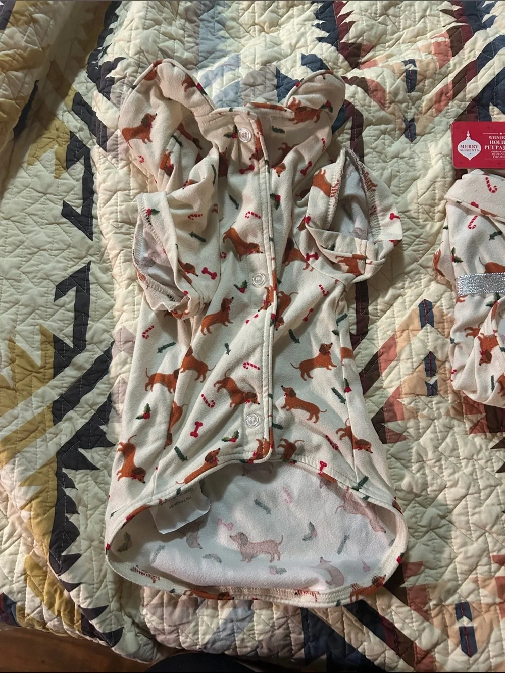Holiday Wiener Dog Pet Pajamas - Cream with Brown Dachshund Print